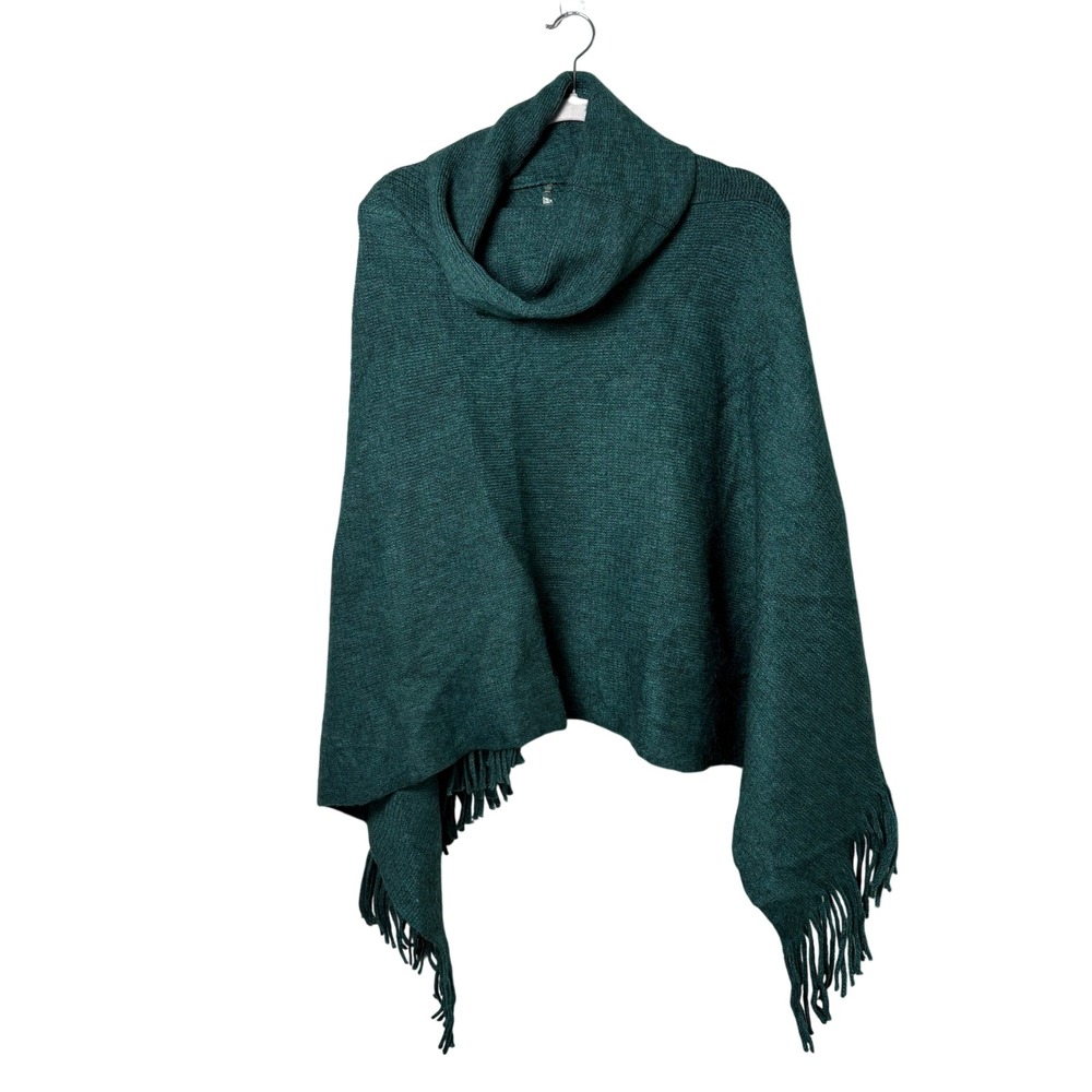 Chico's Cozy Stripe Cowl Neck Poncho Womens OS Jasper Green Fringe Knit NWT